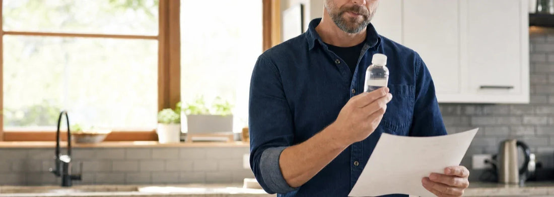 Homeowner reviewing a private well water sample in a bright kitchen