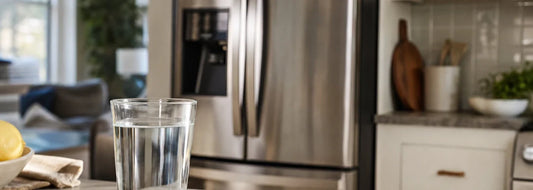 Clear glass of water on a modern U.S. kitchen counter near a refrigerator