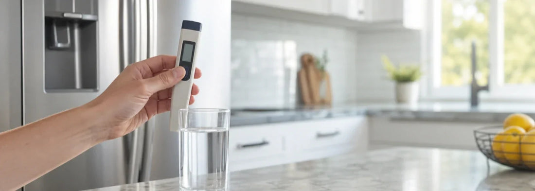 Homeowner testing refrigerator dispenser water with a TDS meter in a bright kitchen