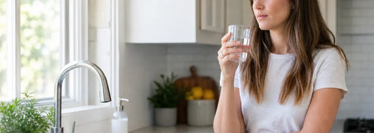 Homeowner checking a glass of water by a kitchen sink after noticing a sulfur smell