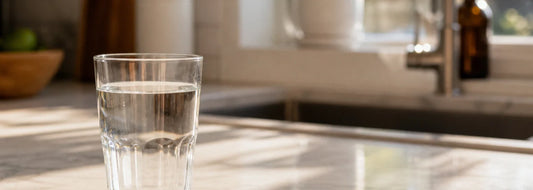 Glass of tap water on a bright U.S. kitchen counter in summer light