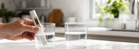 Homeowner testing filtered water TDS in a bright kitchen