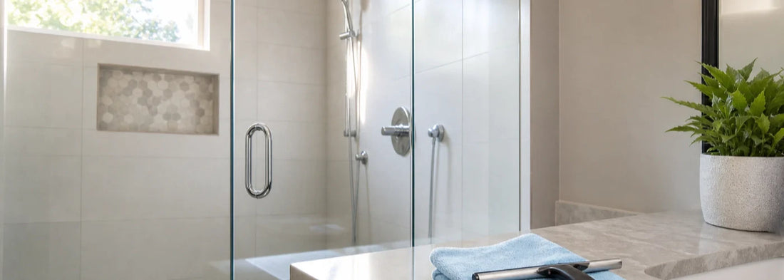 Clean glass shower door with sunlight in a modern U.S. bathroom