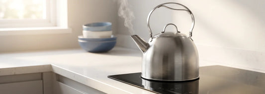 Kettle of boiling water on a stove with steam rising