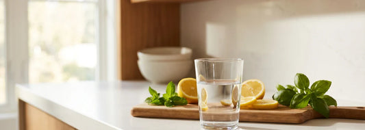 Glass of clear filtered drinking water on a kitchen counter with a reverse osmosis system in the background