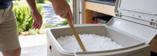 Open water softener brine tank showing salt pellets inside