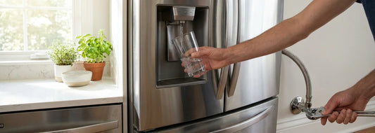 Homeowner filling a glass from a slow refrigerator water dispenser while checking the supply line