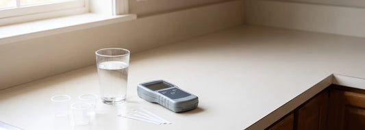 Homeowner comparing RO water test strips and a TDS meter beside a clear glass of water