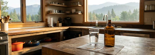 U.S. cabin kitchen with a clear glass of water and a private spring water test kit