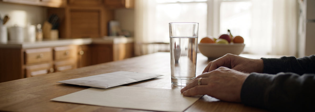 U.S. homeowner reviewing a city water quality report beside a clear glass of tap water