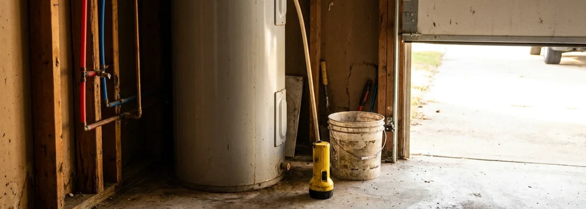 Water heater beside a bucket and yellow flashlight in a utility room