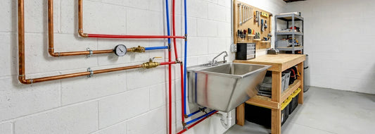 Clean U.S. home utility room plumbing setup for evaluating salt-free water softener alternatives