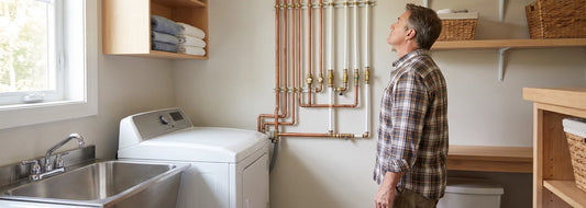 Homeowner reviewing water treatment choices in a clean U.S. utility room
