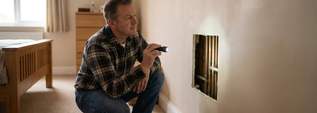 Homeowner inspecting opened wall plumbing after a drinking-water pipe repair