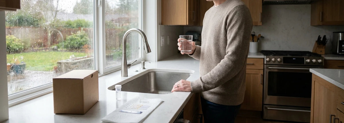 Homeowner testing well water at a kitchen sink during rainy weather in a U.S. home
