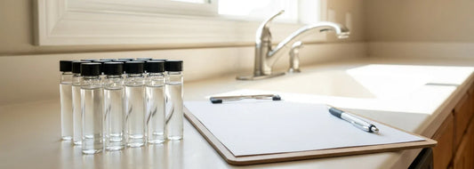 A U.S. home utility room scene with well water test bottles and clipboard on a clean counter, no text visible