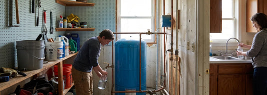 Homeowner collecting well water samples at a utility room and kitchen faucet for comparison