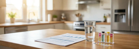 Homeowner reviewing a water treatment quote beside a clear glass of water in a bright U.S. kitchen