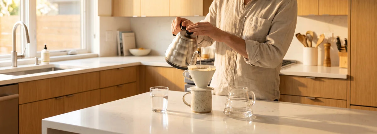 Person brewing coffee in a bright U.S. kitchen with a glass of clear filtered water nearby