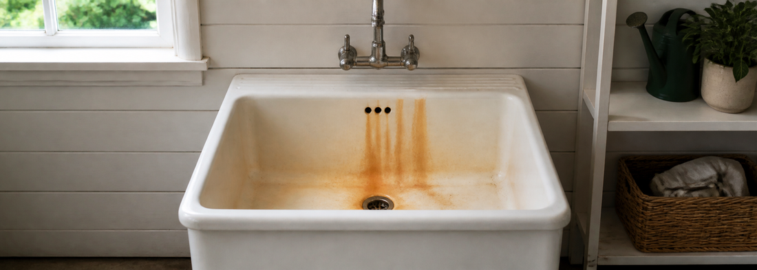 White utility sink with orange iron stains from private well water