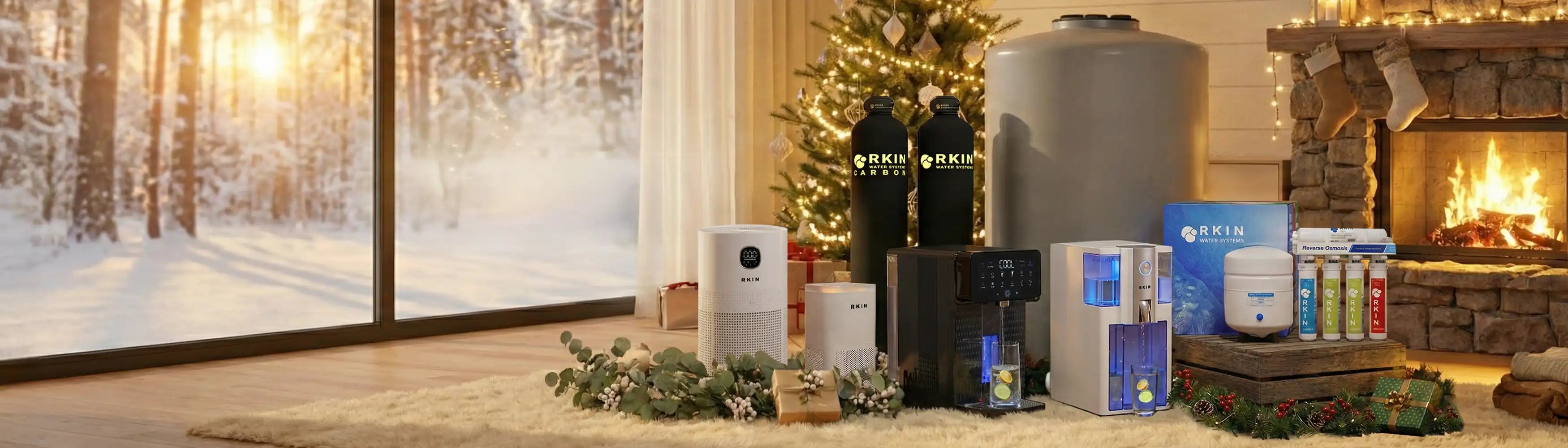 RKIN Water Systems and Air Purifiers on a wooden floor with a snowy landscape and a fireplace in the background